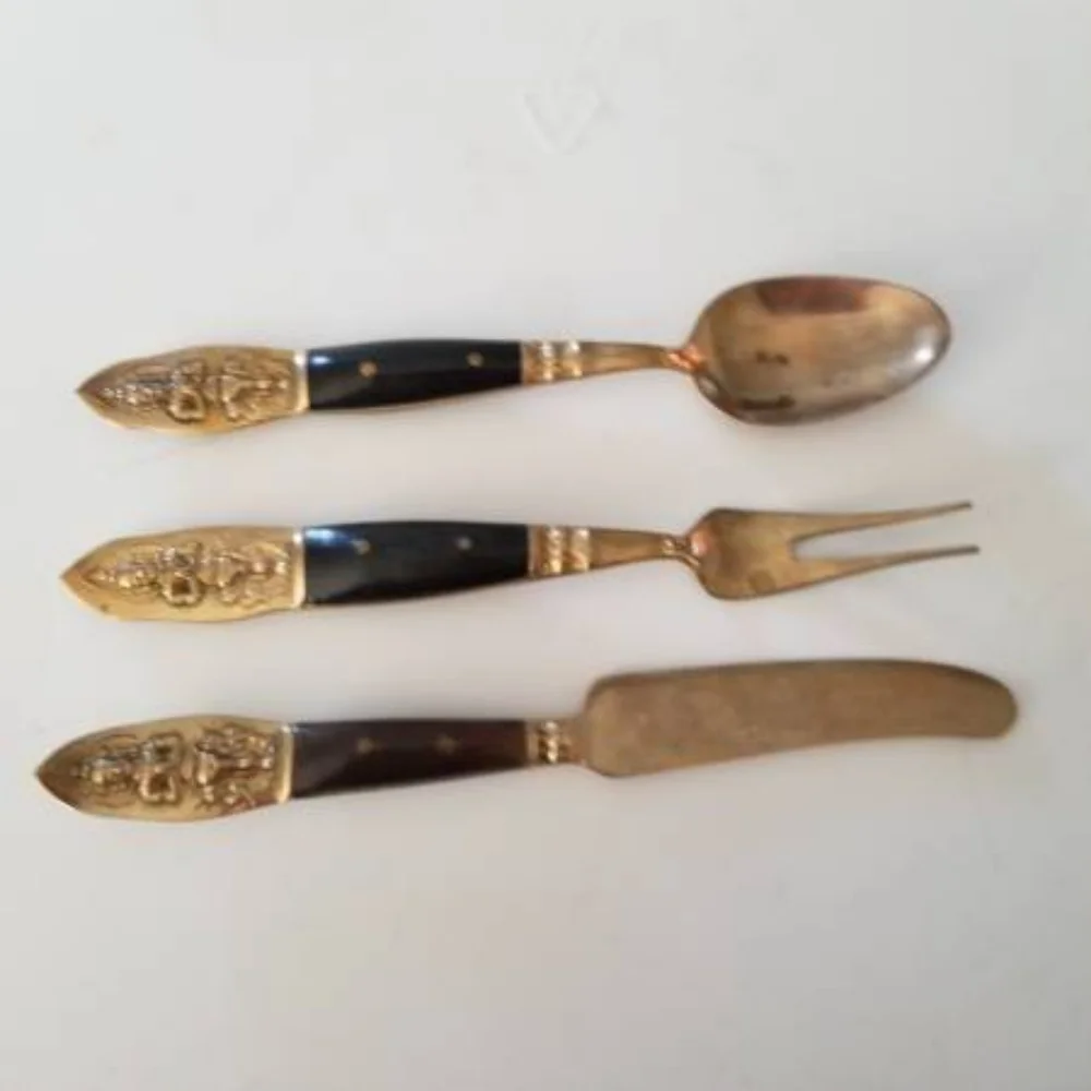 Vintage 3 Piece Siam Thialand Brass/Bronze W Buddha N Rosewood Handle Mini Set